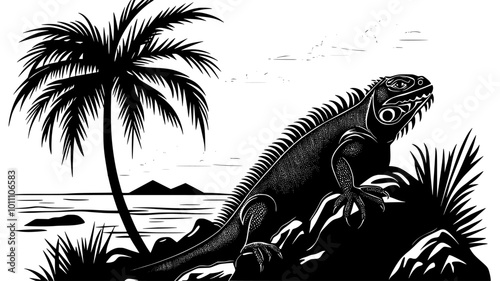 Iguana basking on a rock near the ocean, vector illustration art