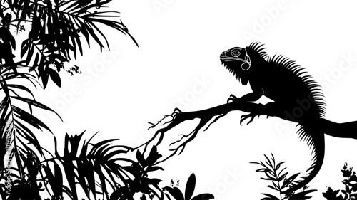 Iguana perched on a tree branch in a tropical forest, vector illustration art