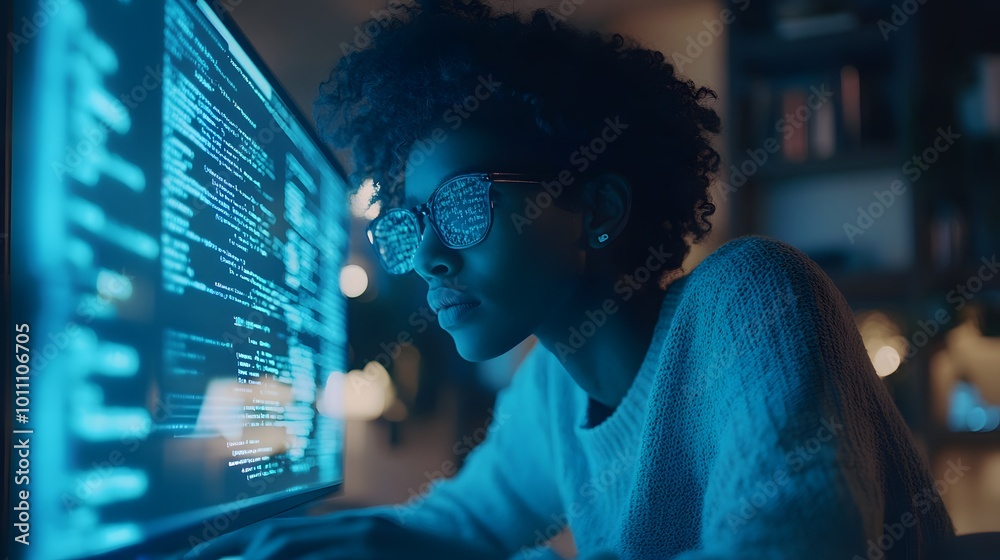 A software developer working late at night, focused on coding with code projection and data visualization in the background A software developer working late at night, focused on coding with code projection and data visualization in the background