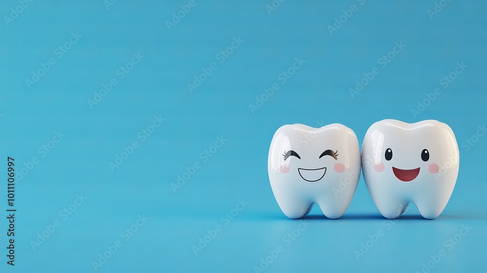 Obraz premium Adorable white tooth characters with happy faces smiling against a bright blue background, perfect for children's dental health promotions, educational materials, and fun tooth care awareness campaign