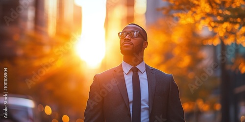 Black businessman standing on a big city street at sunset thinking about new investment opportunities and wealth management in an urban setting photo