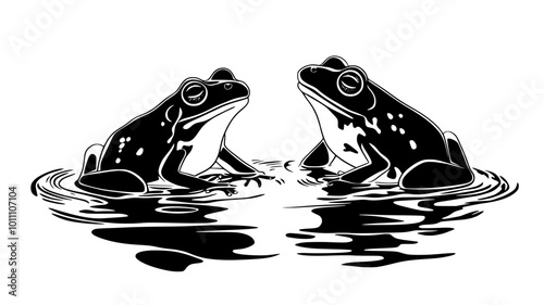 Mating pair of frogs in amplexus on the water's surface, vector illustration art