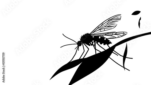 A mosquito rests on a leaf, extending its proboscis while scanning its surroundings, vector illustration art