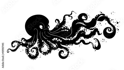 Octopus releasing an ink cloud to evade an approaching predator, vector illustration art