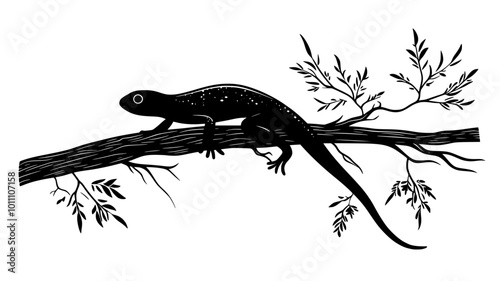 A newt climbing up a fallen branch in a forested area, body stretched forward, vector illustration art