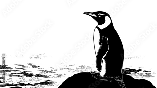 A penguin rests on a rock, facing the ocean, flippers hanging loosely by its sides, vector illustration art