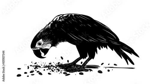 A parrot stands on the ground, pecking at small seeds scattered around it, vector illustration art