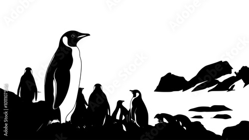 Penguin colony nesting on a rocky sub-Antarctic island shore, vector illustration art
