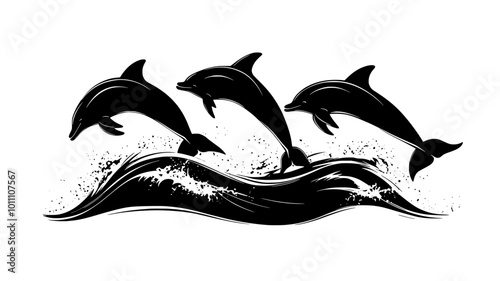 A pod of dolphins leaps out of ocean waves in unison, showcasing their playful spirit, vector illustration art
