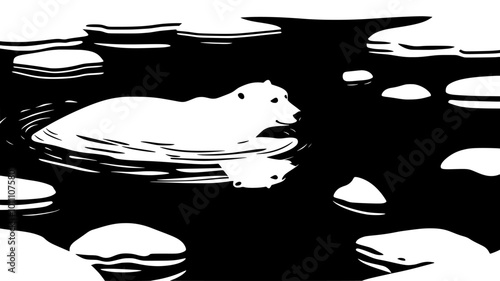 Polar bear swimming between ice floes in Arctic waters, vector illustration art