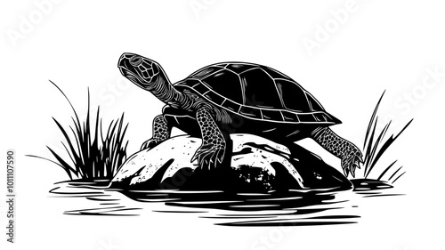 Pond slider turtle climbing onto a rock to bask, vector illustration art