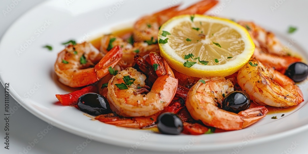 Shrimp and Olives on White Plate Shrimp and Olives on White Plate