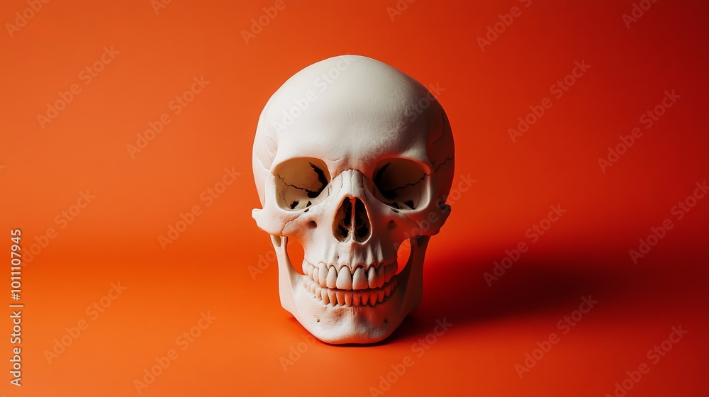 White human skull on vibrant orange background for halloween White human skull on vibrant orange background for halloween