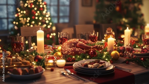 3D Christmas dinner table with glowing candles, realistic dishes, and rich textures, offering a vivid and lifelike festive dining experience. Christmas dinner