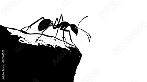 An ant climbs up the side of a rock, searching for food or shelter, vector illustration art