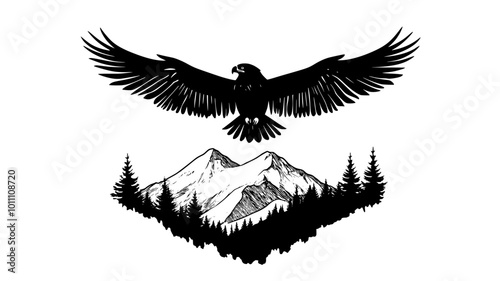 An eagle circles above a valley, wings spread wide, gliding effortlessly, vector illustration art