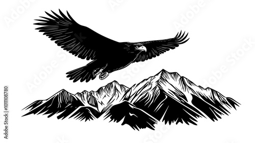 Eagle soaring above a mountainous landscape, wings fully extended, vector illustration art