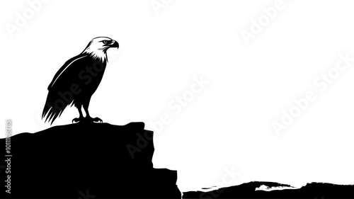 An eagle stands on a cliff edge, looking outward toward a distant horizon, vector illustration art