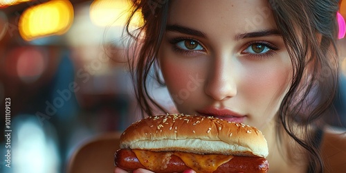 happy young woman savoring a tasty hotdog enjoying the simple pleasure of a quick bite while embracing a fun and relaxed food experience