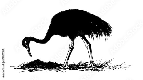 Ostrich digging into the ground with its beak, searching for food, vector illustration art