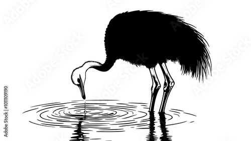 Ostrich stands by a waterhole, dipping its beak into the water for a drink, vector illustration art