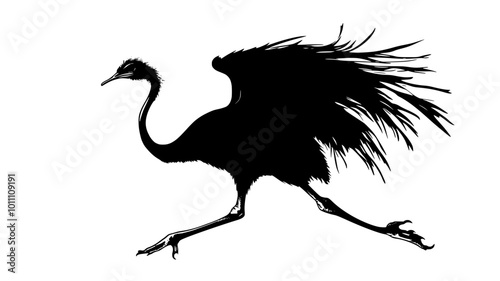 Ostrich flapping its wings as it runs, using them to maintain balance, vector illustration art