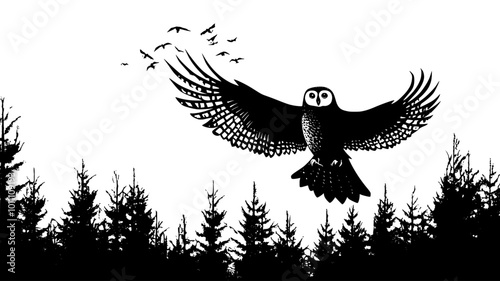 Owl flying silently through the night sky, wings outstretched, gliding over a forest, vector illustration art