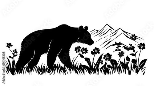 Bear foraging for berries in mountain meadow clearing, vector illustration art