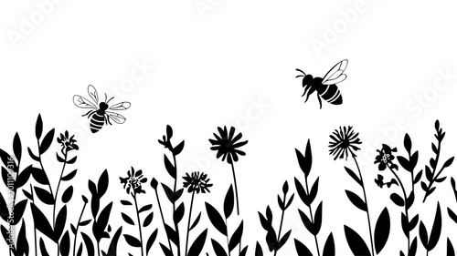A bee flits between plants, searching for the next flower in the garden, vector illustration art