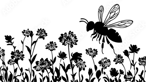 A bee carries pollen on its legs as it moves between flowers in a field, vector illustration art
