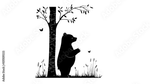 Bear standing on hind legs, paws resting on a tree bark, vector illustration art