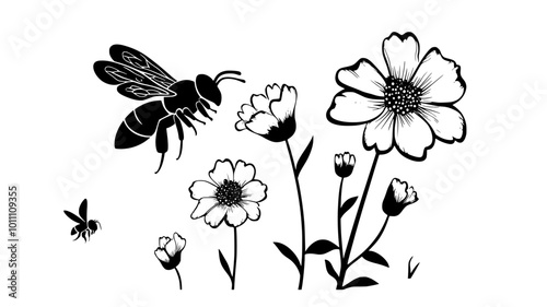 Bee collecting pollen from a flower with visible pollen baskets, vector illustration art