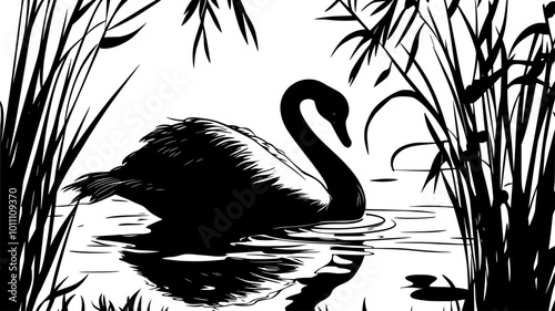 Black swan preening feathers at edge of lake, vector illustration art