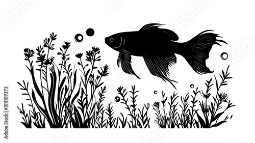 Betta fish hovering near a cluster of plants, fins moving steadily, vector illustration art