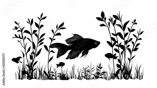 Betta fish gliding through clear water, moving smoothly between tall aquarium plants, vector illustration art