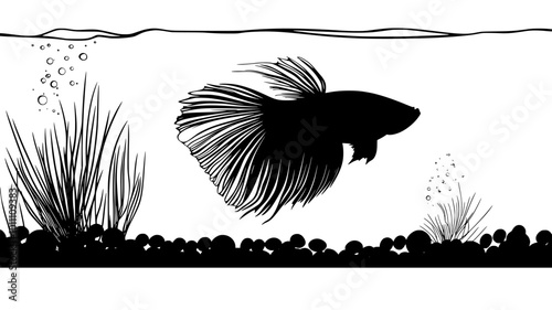 Betta fish resting near the bottom of a tank, hovering just above the gravel, vector illustration art