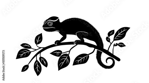 Chameleon grasping a branch with its prehensile tail wrapped around it, vector illustration art