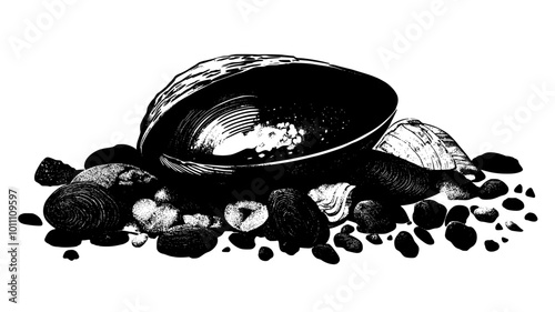 A clam lies among small stones and shells, its edges barely visible against the substrate, vector illustration art