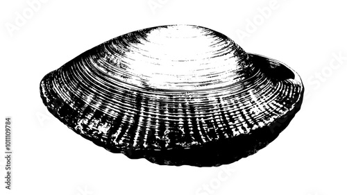 Close-up view of a clam shows its ridged shell texture in fine detail, vector illustration art