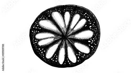 A close-up view of a sand dollar shows intricate patterns, vector illustration art