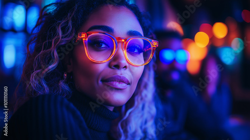 Wallpaper Mural Portrait of a confident woman with curly hair and glasses in a vibrant neon-lit setting, colorful lights creating a moody urban atmosphere. Torontodigital.ca