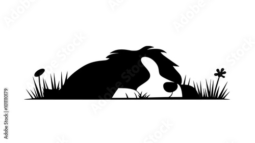 Dog lying on the ground in a park, head on paws, eyes half-closed, vector illustration art