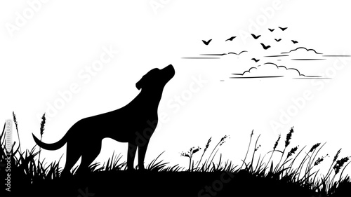 Dog standing at the edge of a trail, sniffing the air, looking around, vector illustration art