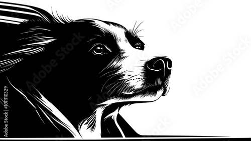Dog peering out car window, wind blowing ears back, vector illustration art