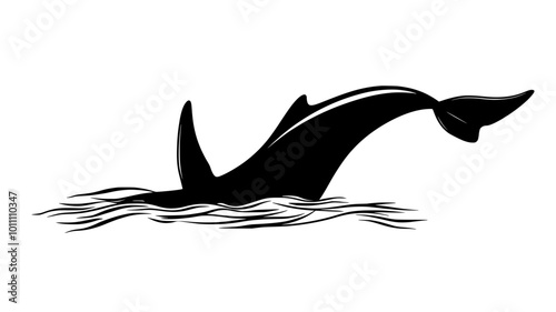 Dolphin tail flukes visible above water as it dives, vector illustration art