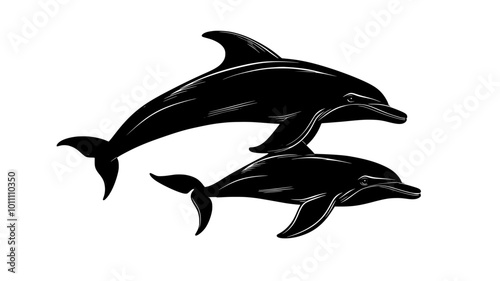 Dolphin mother and calf swimming close together underwater, vector illustration art