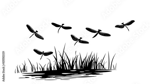 Dragonflies flying in formation over a pond surface, vector illustration art