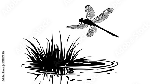A dragonfly hovers over a pond, wings outstretched as it surveys the water, vector illustration art
