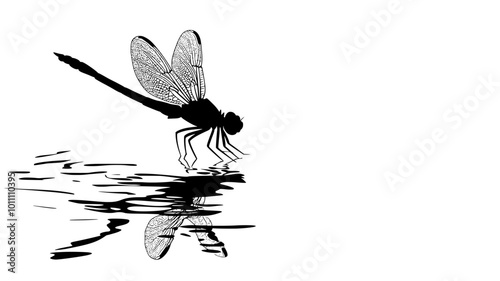 A dragonfly skims the water's surface, its legs just barely touching, vector illustration art