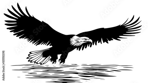 Eagle diving towards water surface with talons extended, vector illustration art